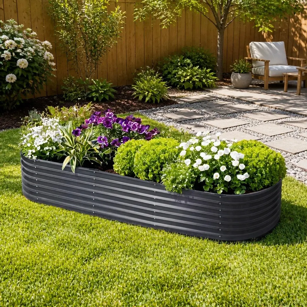 Raised Garden Bed Galvanised Steel Oval Planter Box 240x80x42cm Aluminium Grey