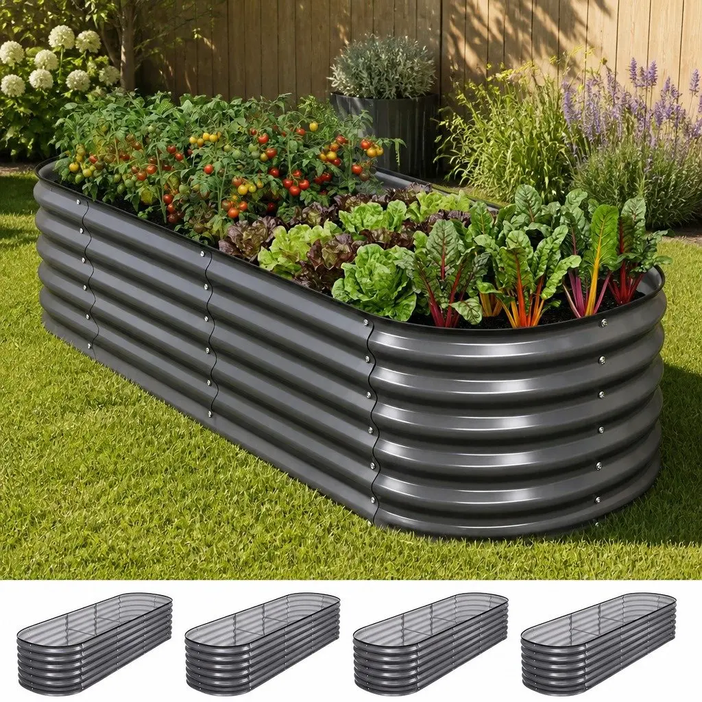Raised Garden Bed Kit 4 Pcs Oval Galvanized Steel Planter Boxes 240x80x56cm