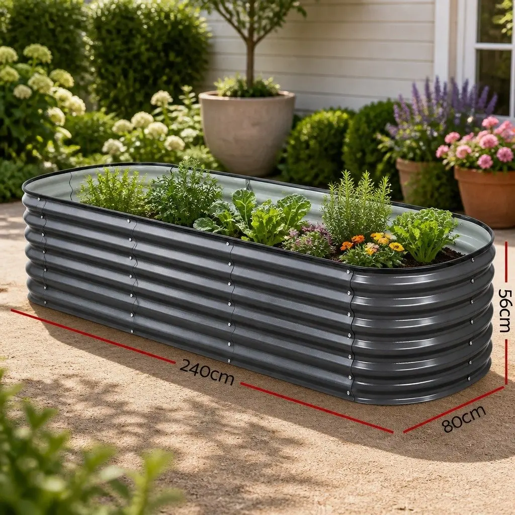 Raised Garden Bed Kit 4 Pcs Oval Galvanized Steel Planter Boxes 240x80x56cm Aluminium Grey