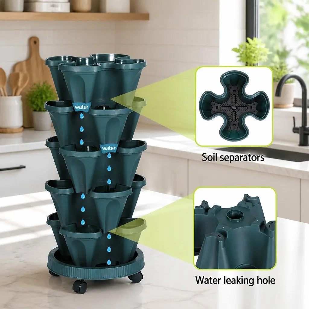 5 Tier Stackable Vertical Garden Planter Set Indoor Outdoor Dark Green Plastic