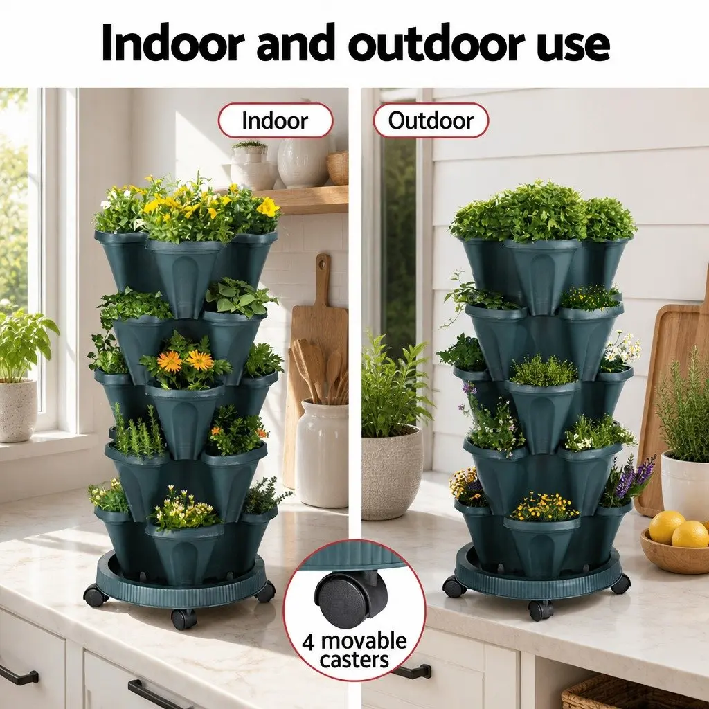 5 Tier Stackable Vertical Garden Planter Set Indoor Outdoor Dark Green Plastic