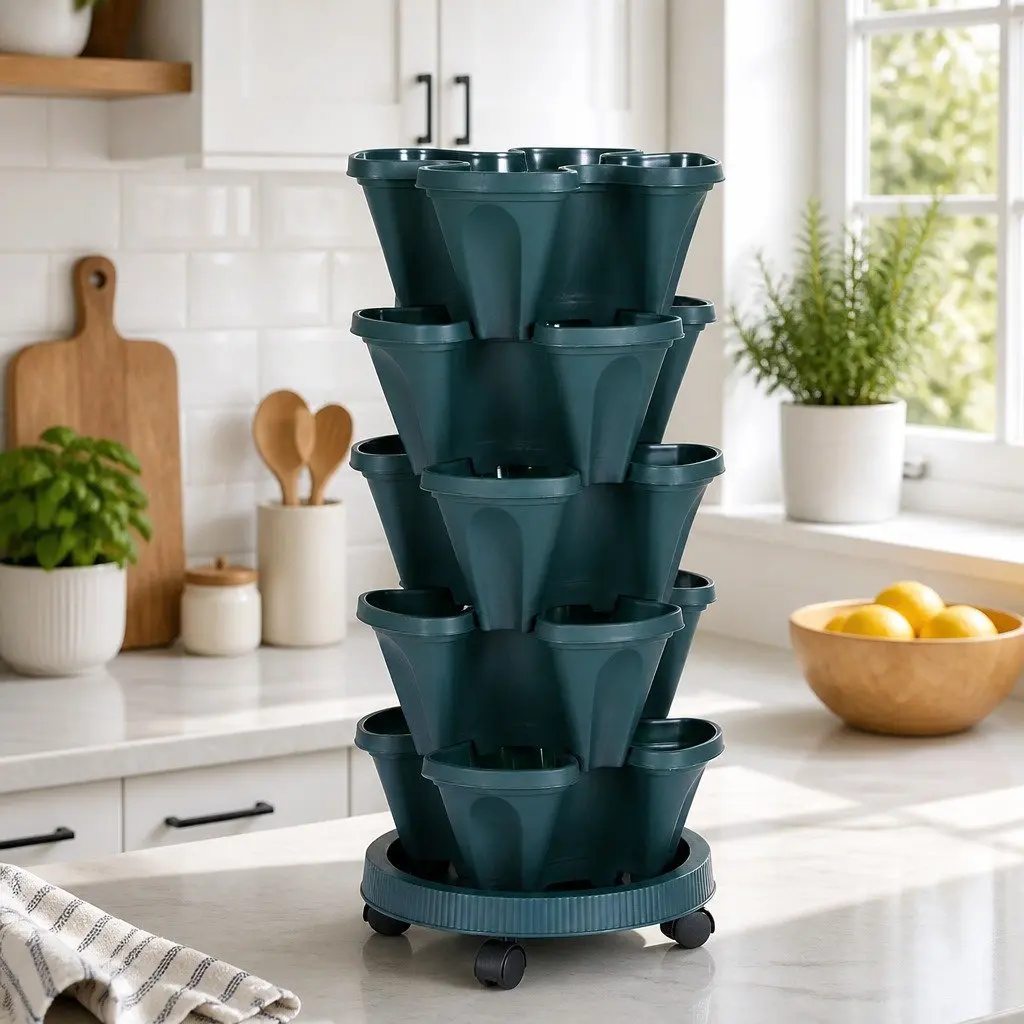5 Tier Stackable Vertical Garden Planter Set Indoor Outdoor Dark Green Plastic