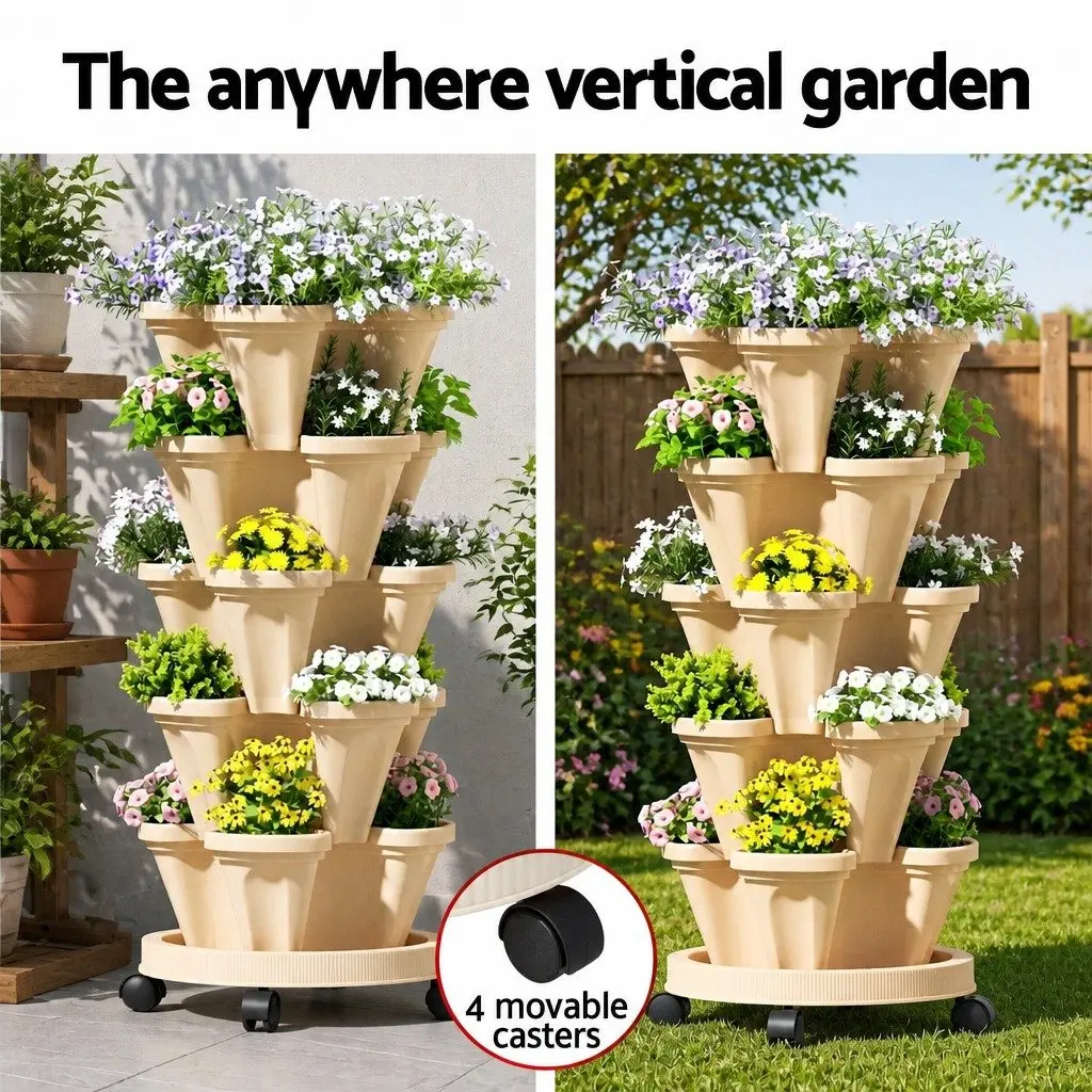 5 Tier Stackable Vertical Garden Bed Planter with Casters Yellow Plastic