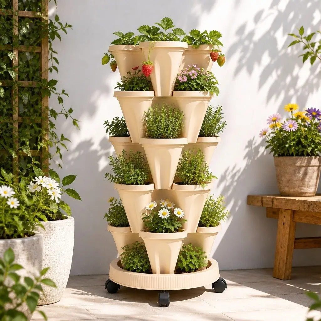5 Tier Stackable Vertical Garden Bed Planter with Casters Yellow Plastic