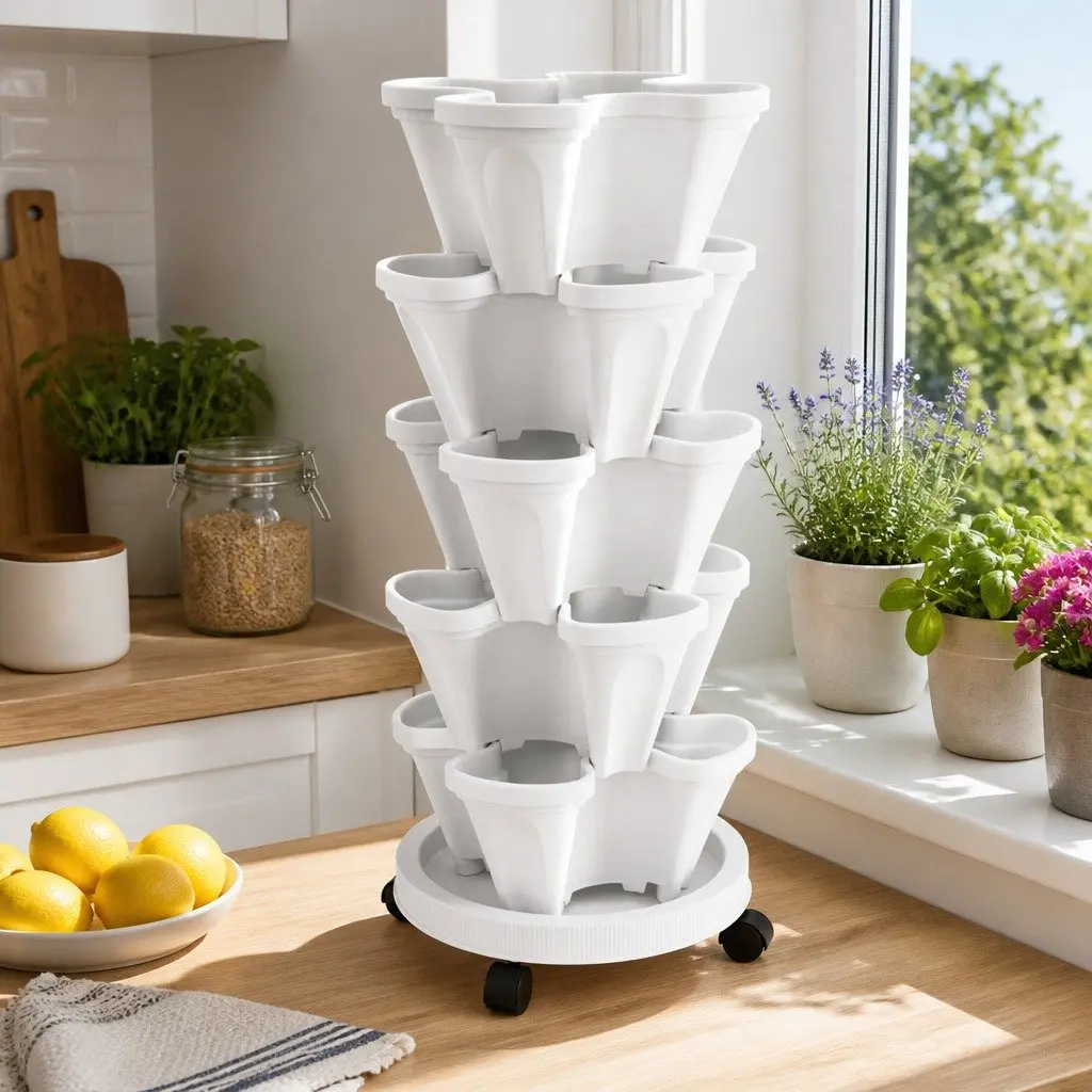5 Tier Stackable Vertical Garden Planter Automatic Drainage System White Plastic