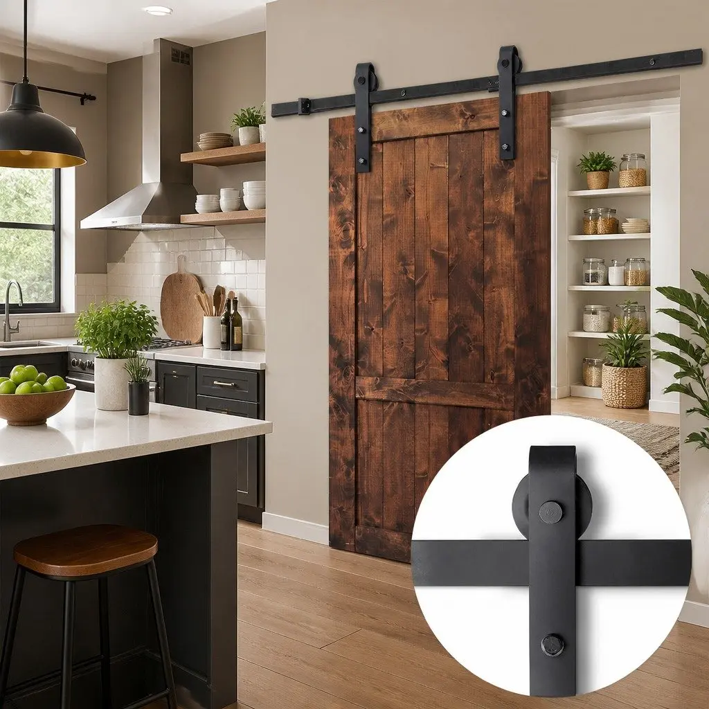 Sliding Barn Door Hardware Track Set 2.44m White Matte Roller Guide Stop