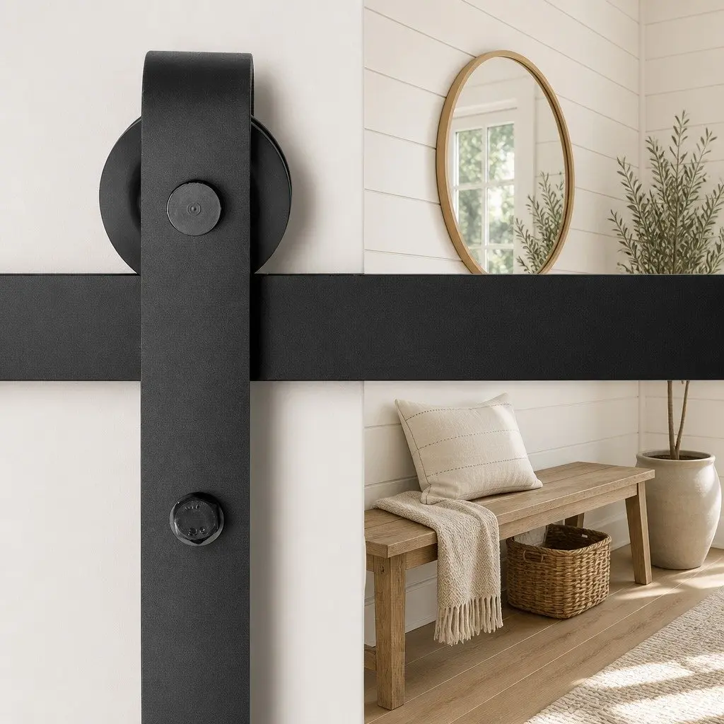 Sliding Barn Door Hardware Track Set 3m Matte Black Steel Rail with Rollers and Floor Guide