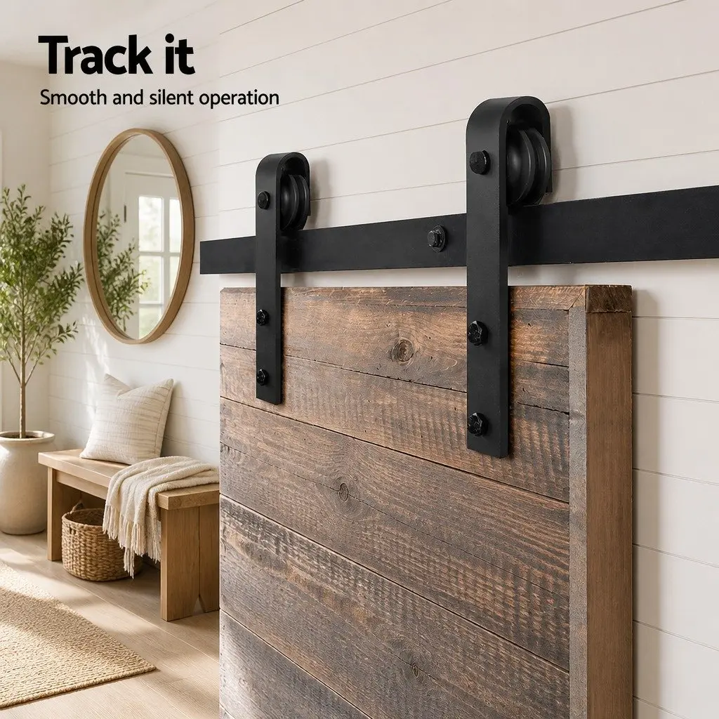 Sliding Barn Door Hardware Track Set 3m Matte Black Steel Rail with Rollers and Floor Guide