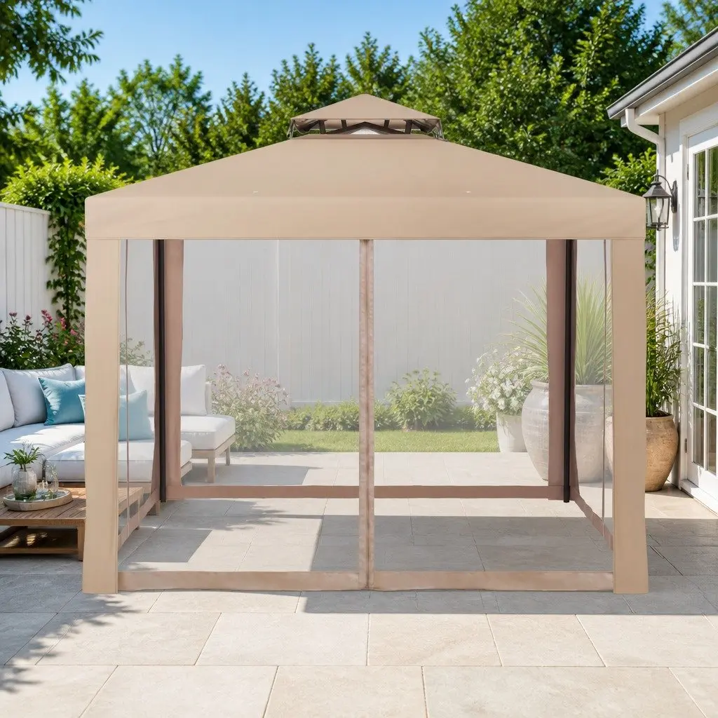 Gazebo Marquee 3m Outdoor Event Tent Camping Party Mesh Wall Canopy Brown