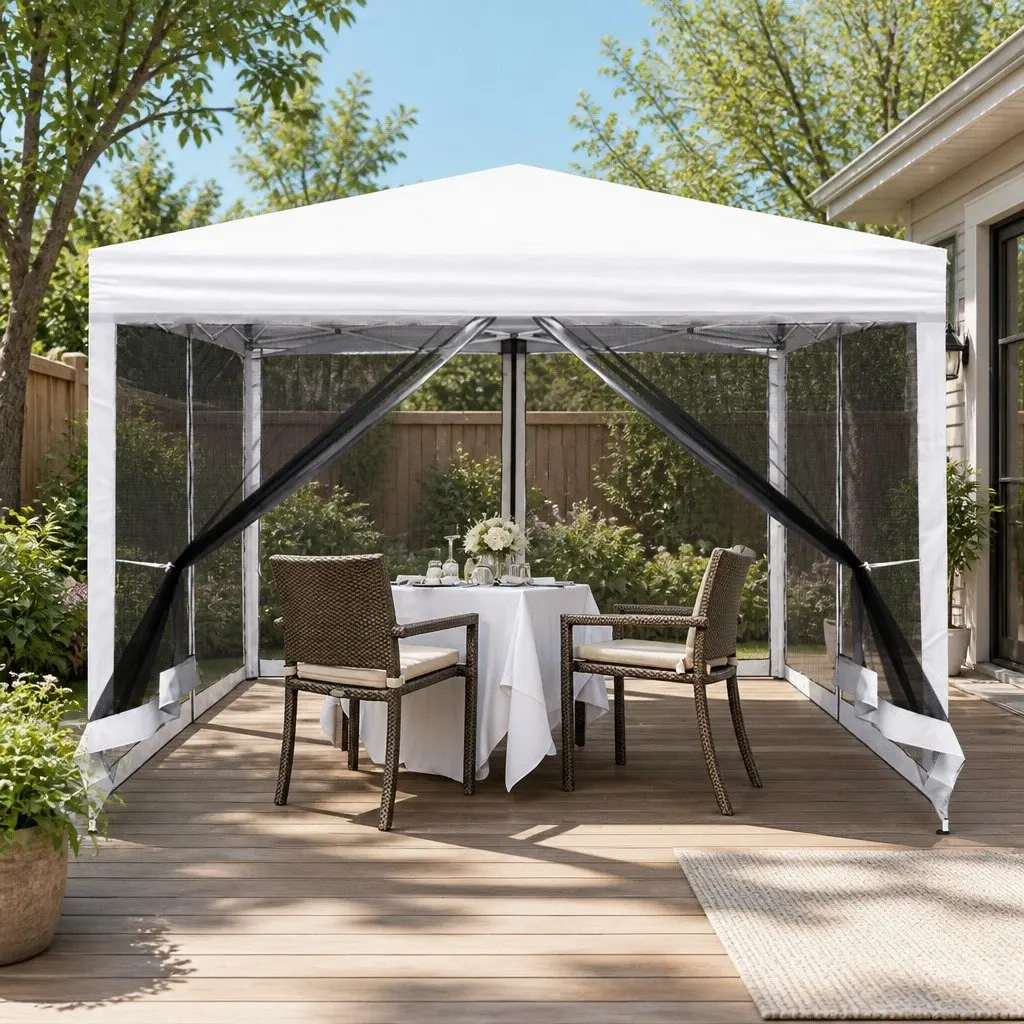 Pop Up Gazebo UV Resistant Waterproof 3x3m White Outdoor Garden Canopy Tent with Mesh Walls