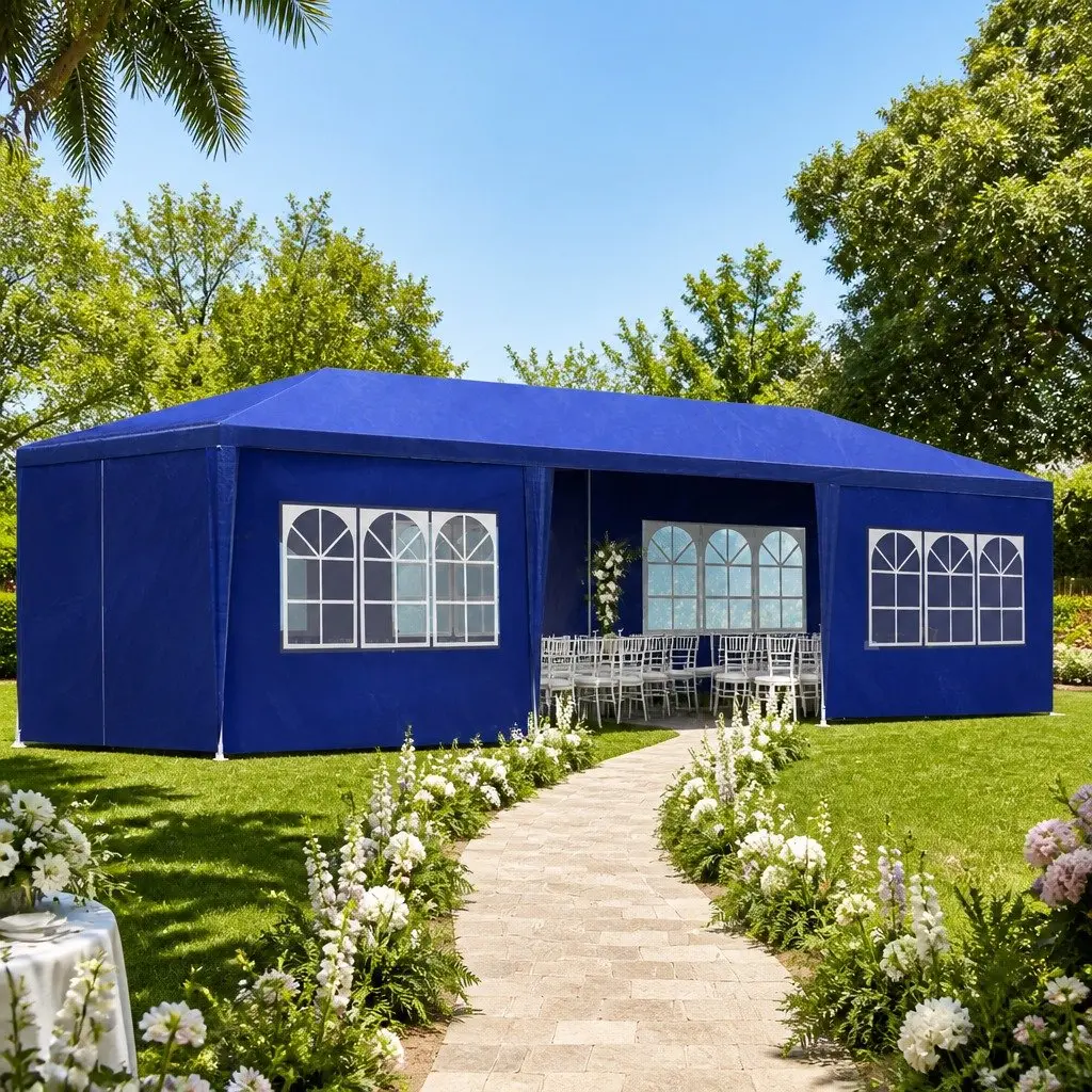 Gazebo 3x9m Outdoor Wedding Party Tent Canopy Blue UV Resistant Waterproof Steel Frame