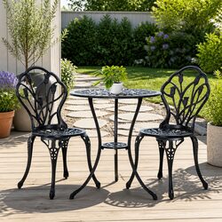 3PC Outdoor Bistro Set Patio Chairs Table Black Garden Furniture with Parasol