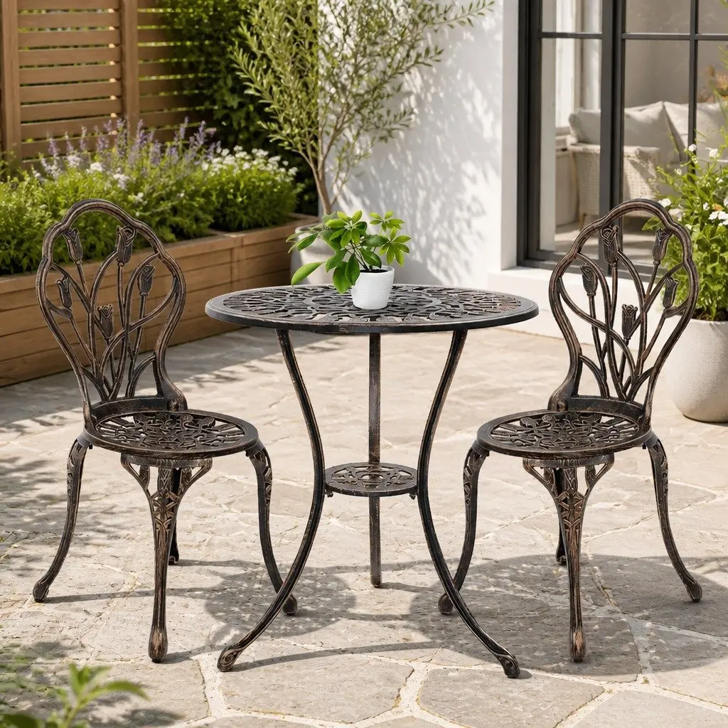 3PC Outdoor Bistro Set Bronze Patio Chairs Table Garden Furniture with Parasol