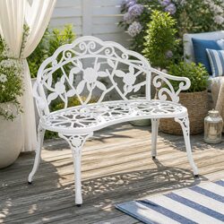 Garden Bench Seat 100cm Outdoor Patio Seating Cast Aluminium White Vintage Style