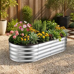 Raised Garden Bed Oval Metal Planter Box 120x60x30cm Outdoor Growing Silver