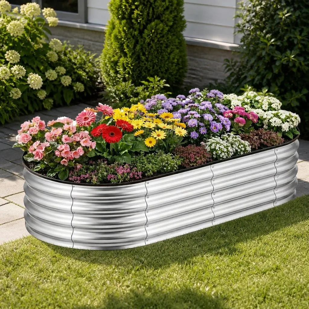 Raised Garden Bed Oval Metal Planter Box 150x70x30cm Large Outdoor Galvanised