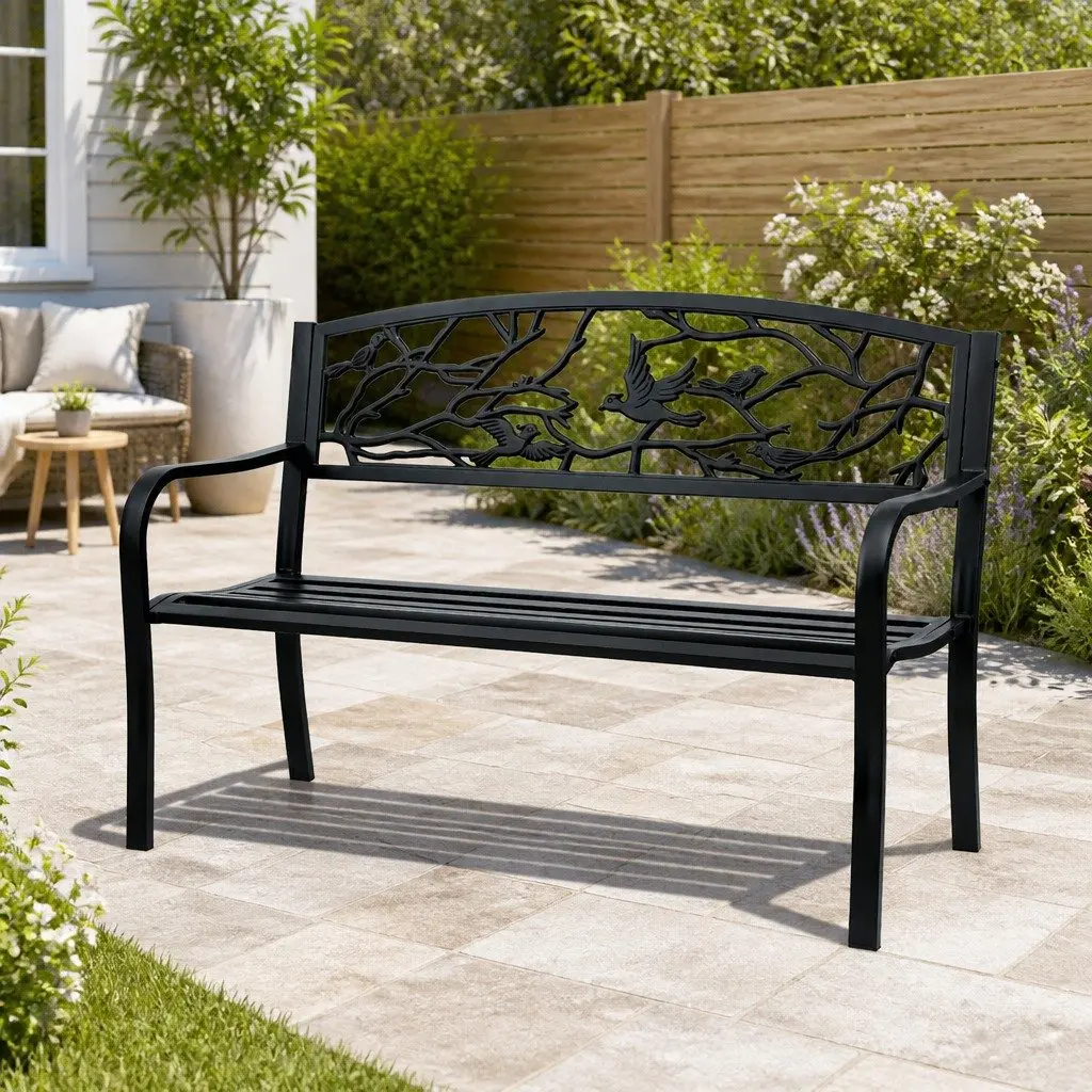 Outdoor Bench Seat 3 Seater Garden Patio Steel Frame Black Furniture