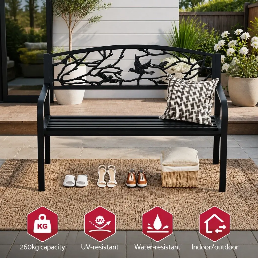 Outdoor Bench 3 Seater Steel Frame Black Garden Patio Furniture