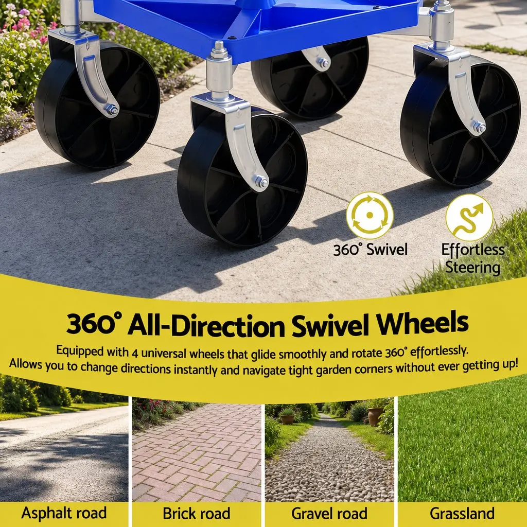 Garden Stool Height Adjustable 360 Swivel Blue with Castors for Easy Movement and Under-Seat Storage