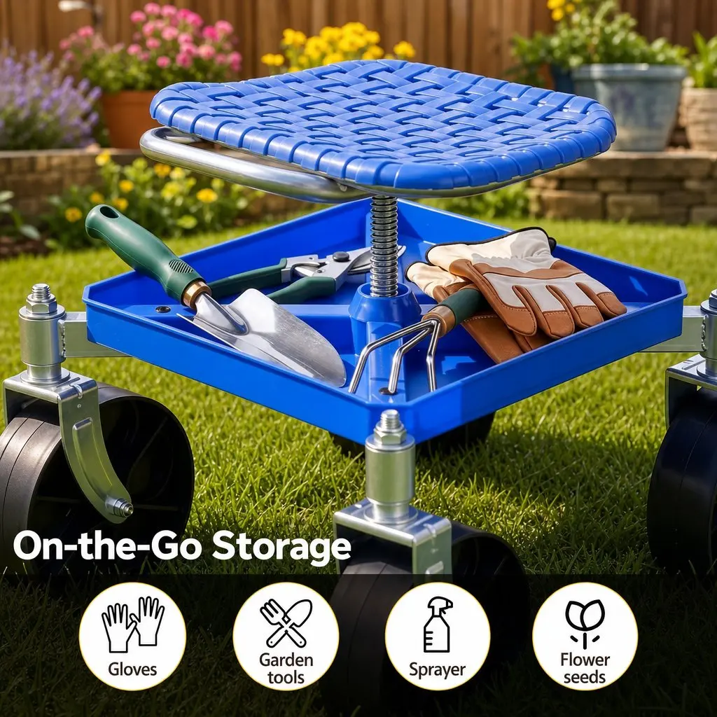 Garden Stool Height Adjustable 360 Swivel Blue with Castors for Easy Movement and Under-Seat Storage