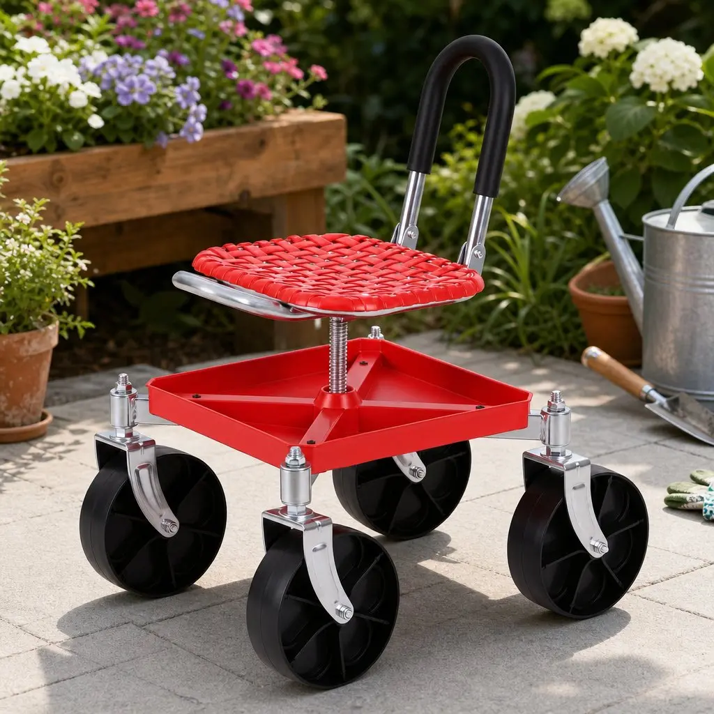 Garden Stool 360 Swivel Height Adjustable Red Heavy Duty with Foldable Backrest and Under-Seat Storage