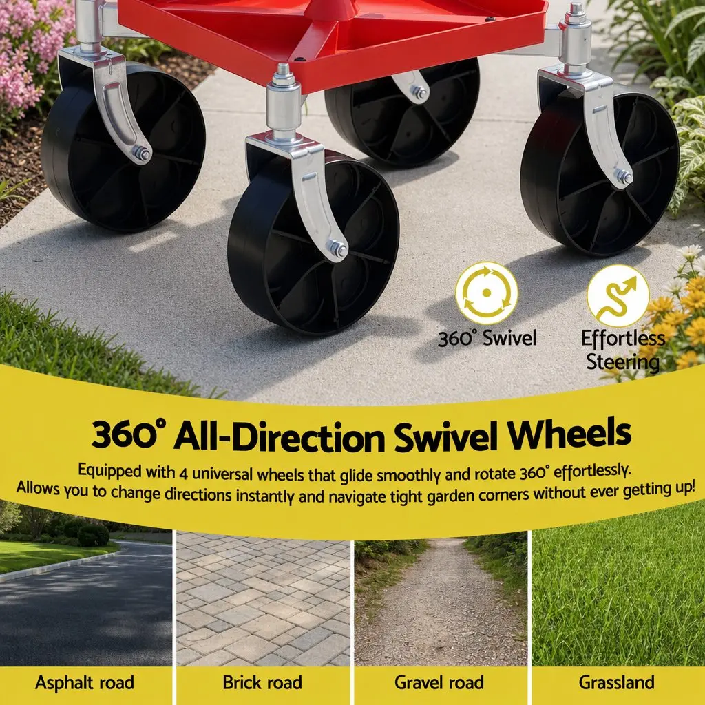 Garden Stool 360 Swivel Height Adjustable Red Heavy Duty with Foldable Backrest and Under-Seat Storage