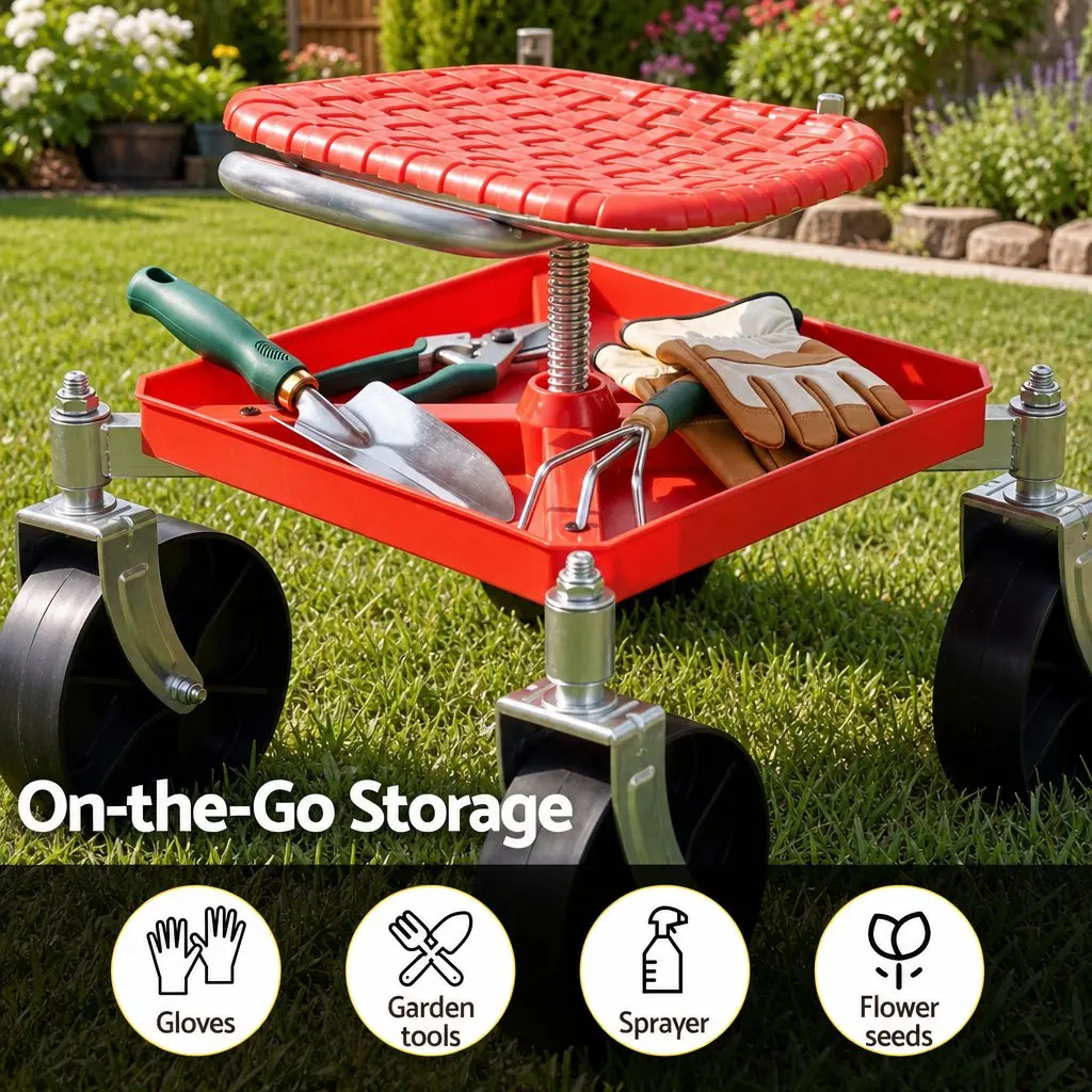 Garden Stool 360 Swivel Height Adjustable Red Heavy Duty with Foldable Backrest and Under-Seat Storage