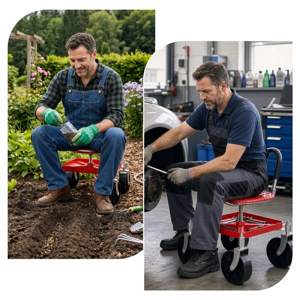Garden Stool 360 Swivel Height Adjustable Red Heavy Duty with Foldable Backrest and Under-Seat Storage