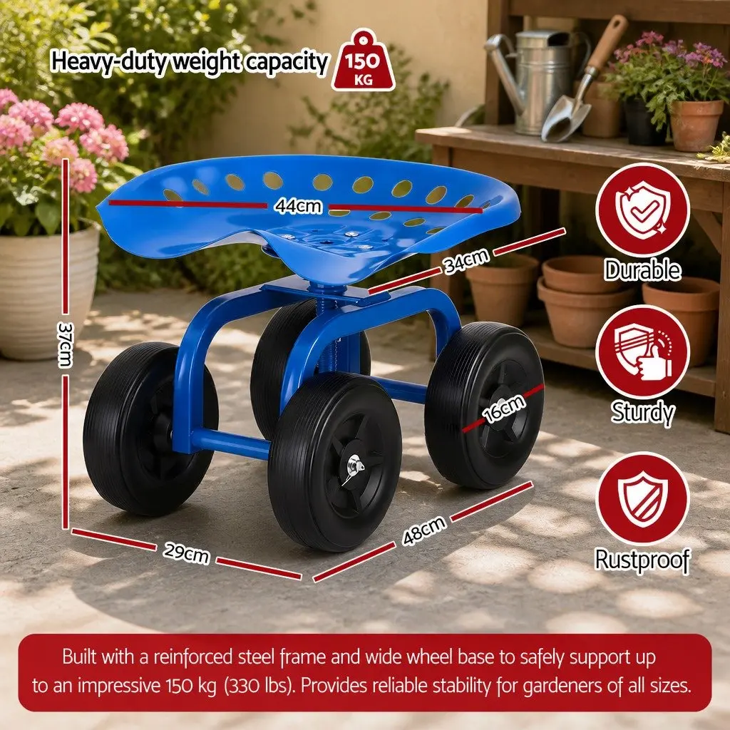 Garden Rolling Seat 360 Swivel Adjustable Height Heavy-Duty Work Scooter Cart Blue Black