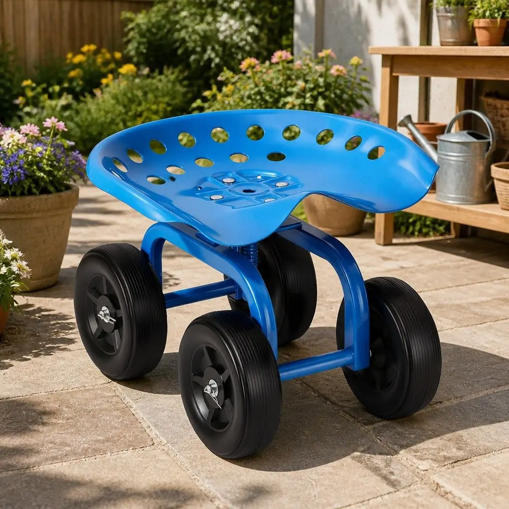 Garden Rolling Seat 360 Swivel Adjustable Height Heavy-Duty Work Scooter Cart Blue Black