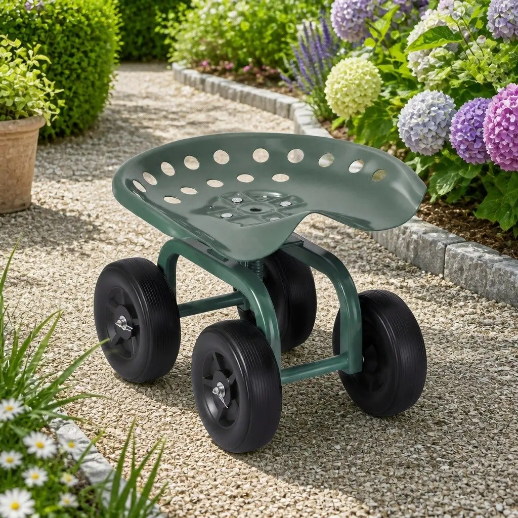 Rolling Garden Seat Swivel Adjustable Height Cart Wheels 150kg Green Black
