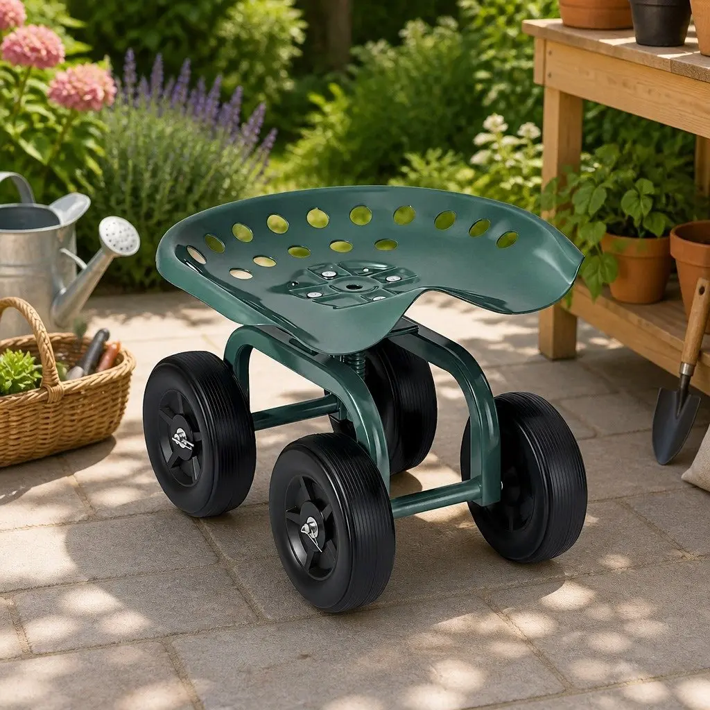 Rolling Garden Seat Swivel Adjustable Height Cart Wheels 150kg Green Black