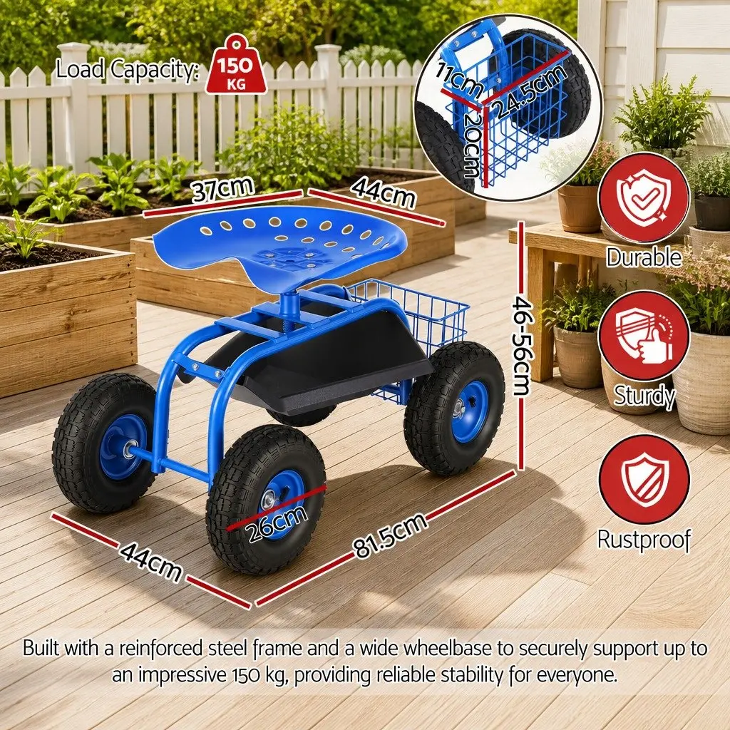 Garden Rolling Stool 360 Swivel Adjustable Height Blue Steel Seat with Wheels