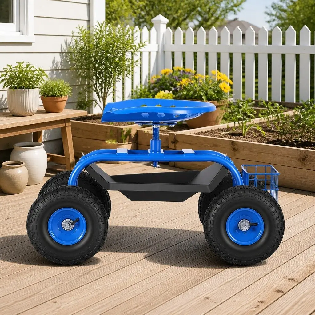 Garden Rolling Stool 360 Swivel Adjustable Height Blue Steel Seat with Wheels