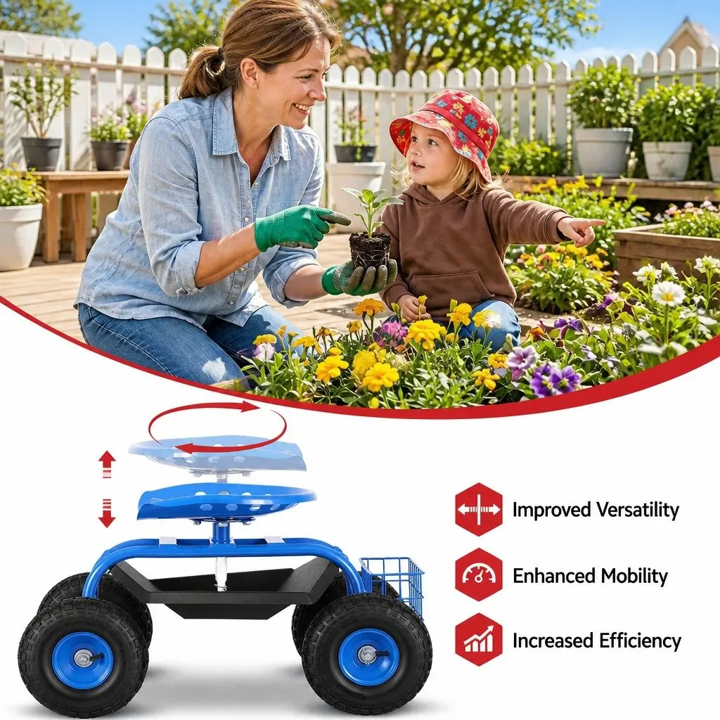 Garden Rolling Stool 360 Swivel Adjustable Height Blue Steel Seat with Wheels