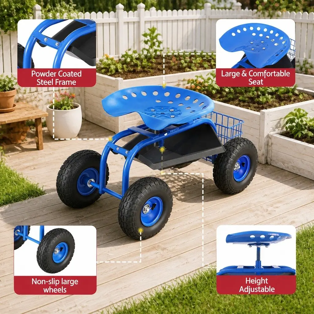 Garden Rolling Stool 360 Swivel Adjustable Height Blue Steel Seat with Wheels