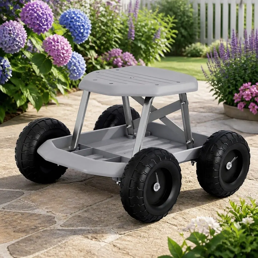 Garden Stool Rolling Seat Heavy Duty with Tool Storage Tray Grey or Black