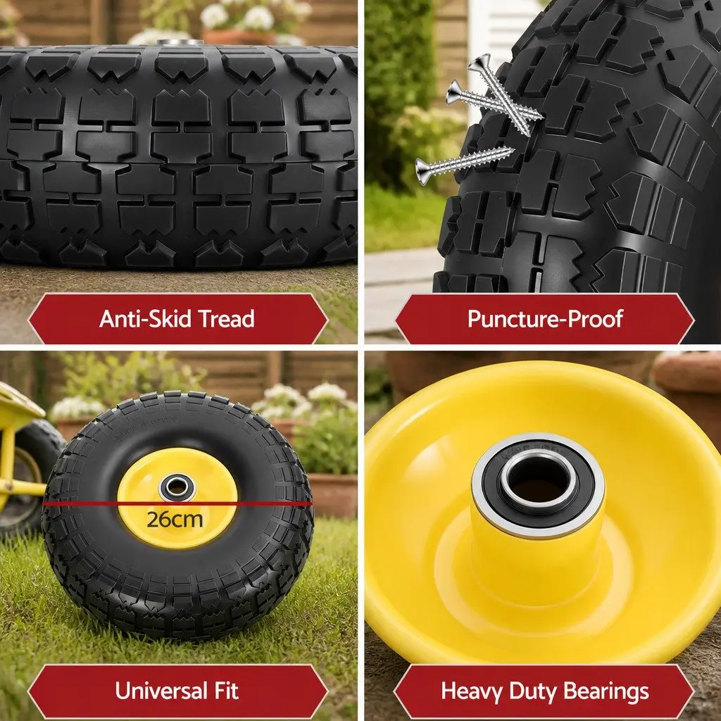 2pcs 10" Flat Free Puncture Proof Wheels Solid Rubber Tires Trolley Cart Garden