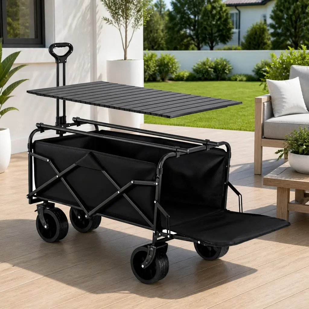 Folding Utility Wagon with Removable Side Table 150L Black