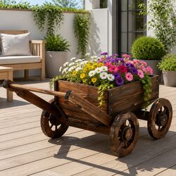 Wooden Planter Cart Garden Flower Display Wagon Four Wheels Plant Stand Outdoor