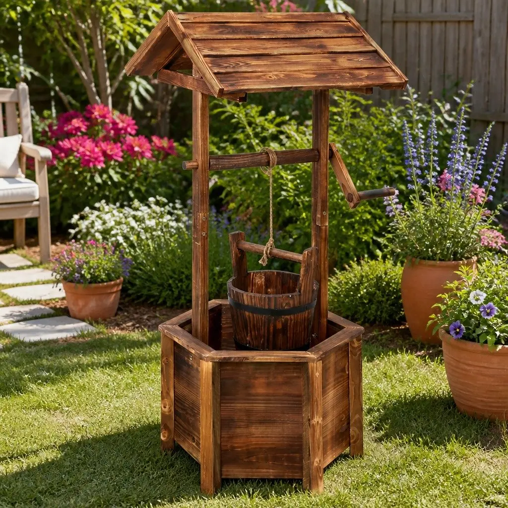 Wooden Wishing Well Garden Ornament Outdoor Decor Hexagonal Base Rustic Style