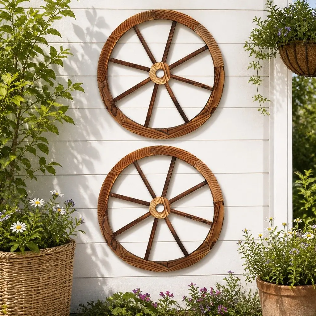 Wooden Wagon Wheel Garden Ornament Rustic Decor Indoor Outdoor Feature 60cm