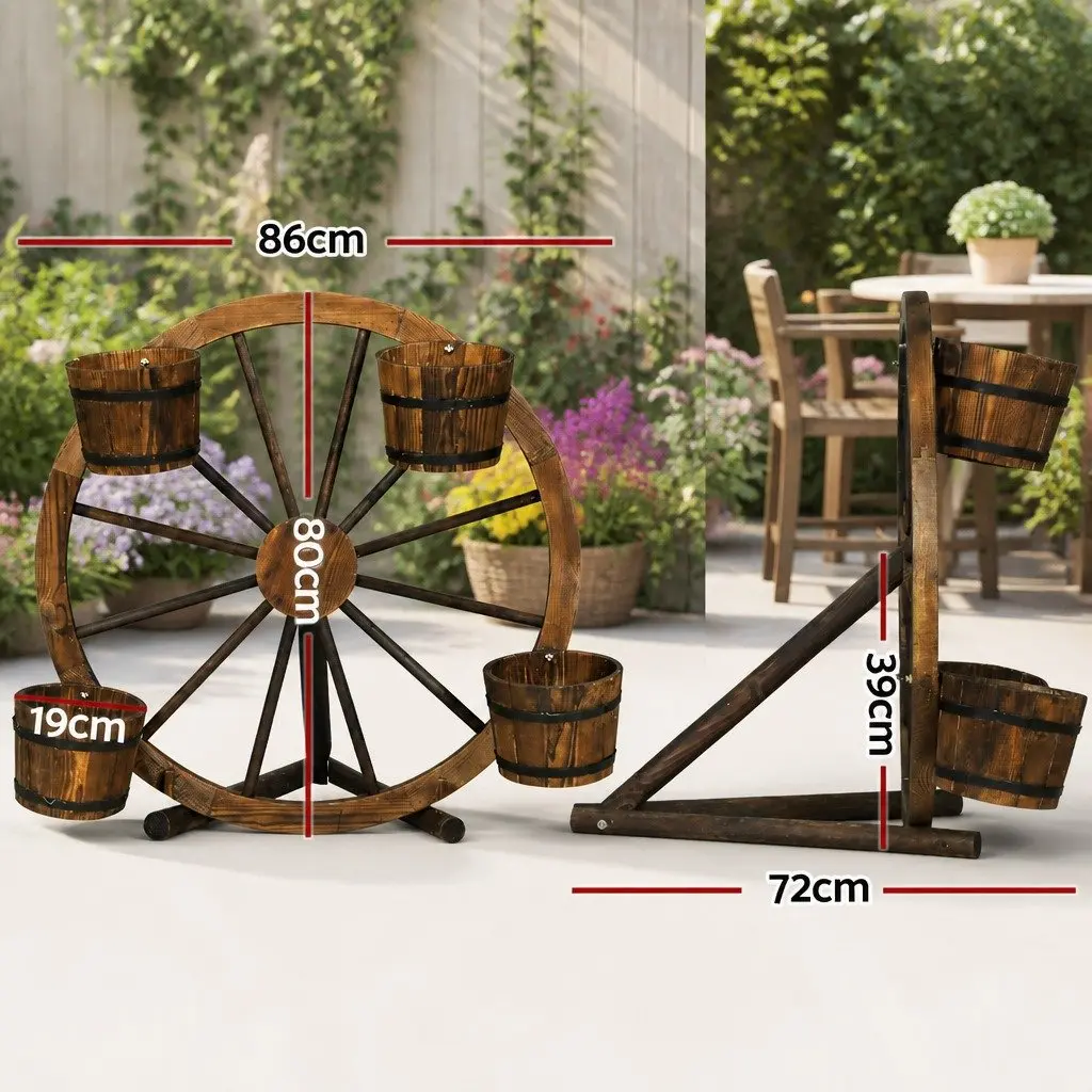 Garden Ornament Wooden Wagon Wheel Plant Stand Rustic 80cm