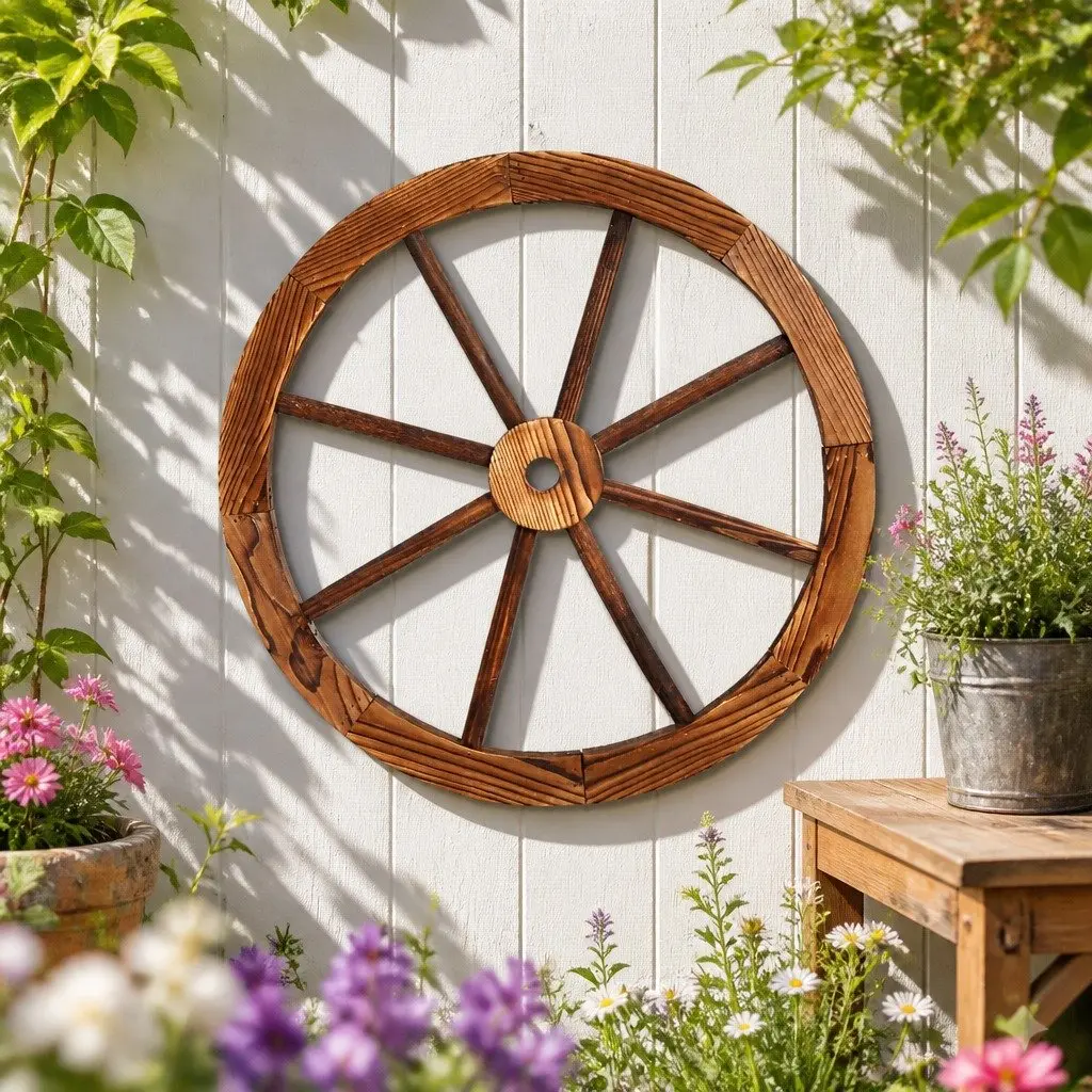 Wooden Wagon Wheel Garden Ornament Outdoor Indoor Home Decor Rustic 60cm