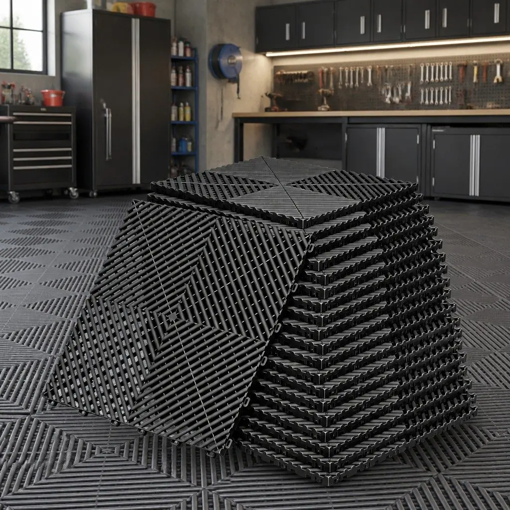 Interlocking Garage Floor Tiles Non-Slip Heavy Duty 40x40cm Black 20 Piece