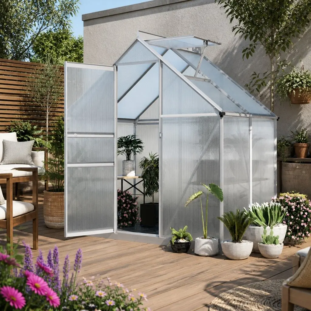 Aluminium Polycarbonate Greenhouse Compact 1.3M x 1.9M x 2.0M Transparent