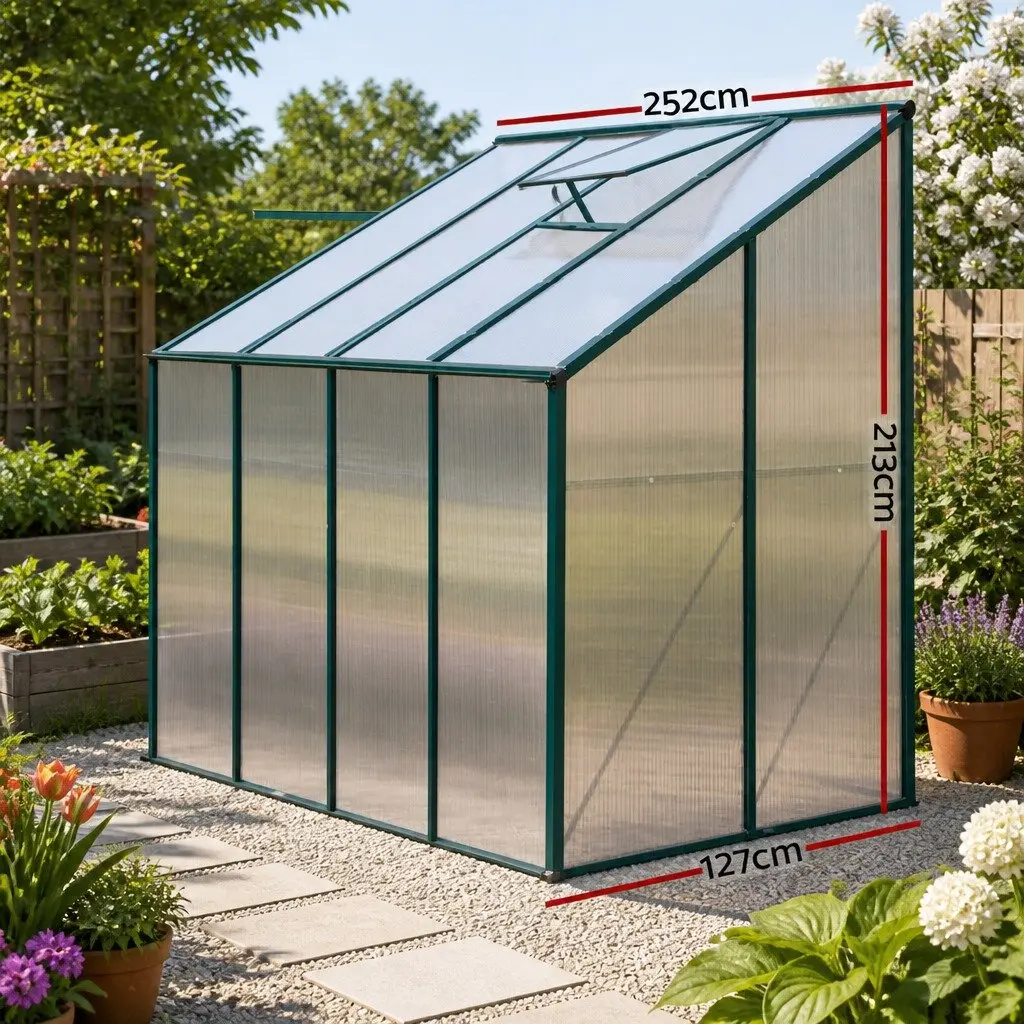 Greenhouse Aluminium Lean-to 2.52x1.27x2.13M Polycarbonate Panels Green