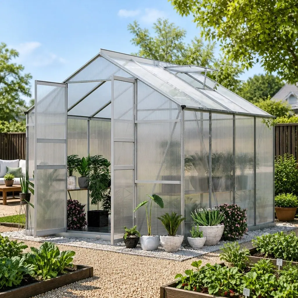 Aluminium Greenhouse Double Doors 2.42x2.5x2.26M Polycarbonate Silver