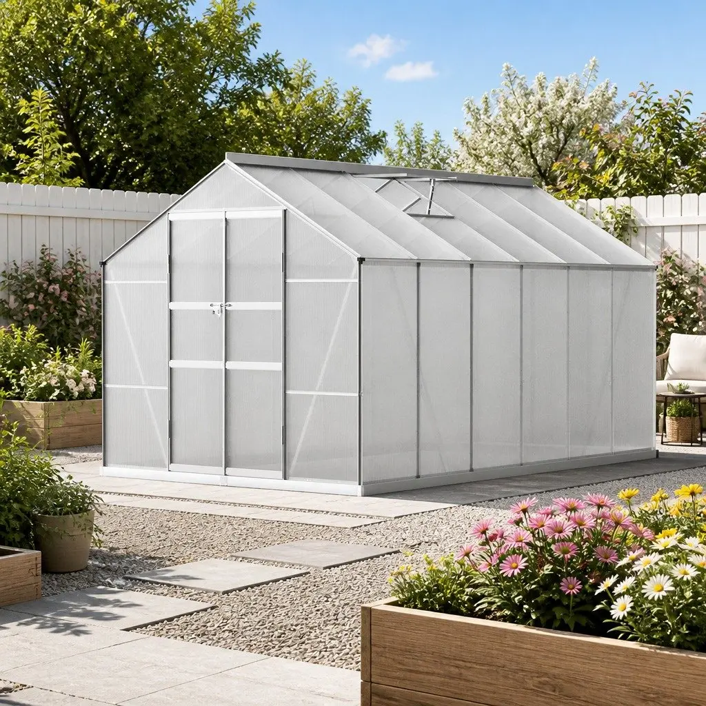 Aluminium Greenhouse Double Doors 3x2.5x2.26M Polycarbonate Garden