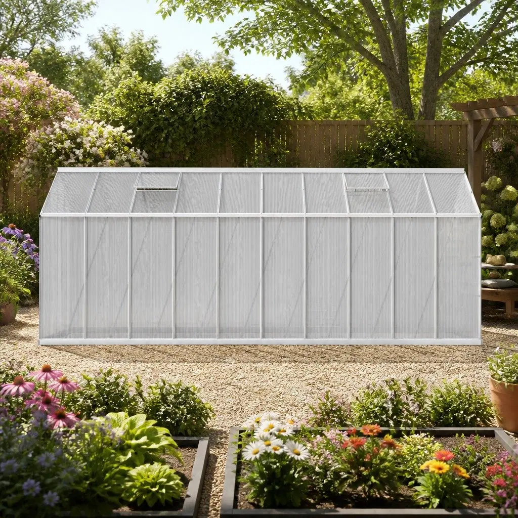 Aluminium Greenhouse Double Doors 6.03x2.44x2.68M Polycarbonate Panels Silver